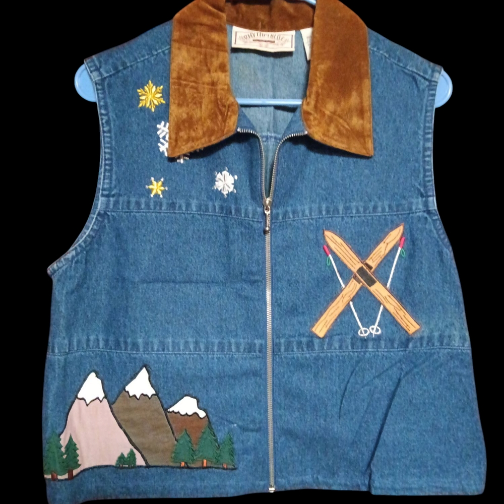 Vintage Rhythm Blue Denim Zip Vest Embroidered Ski Theme With Suede Collar LG